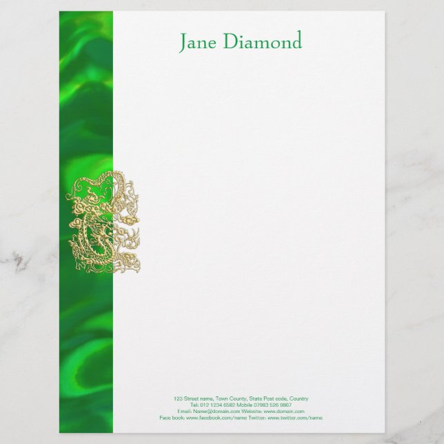 Embossed Gold Dragon on Green Satin Print Customized Letterhead (Front)