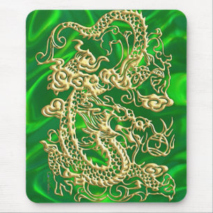 Embossed Gold Dragon on Green Satin Textured Print Mouse Pad