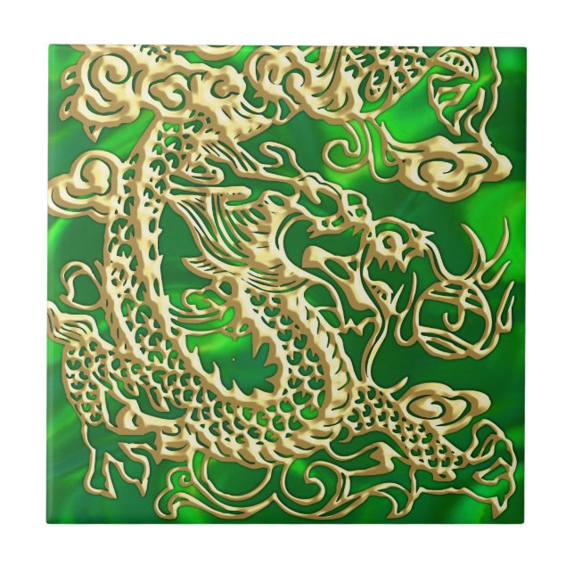 Embossed Gold Dragon on Green Satin Tile (Front)