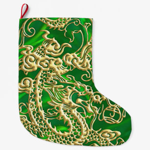 Embossed Gold Dragon on GreenSatin Print Large Christmas Stocking