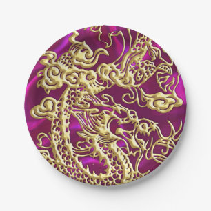 Embossed Gold Dragon on Magenta Satin Paper Plate