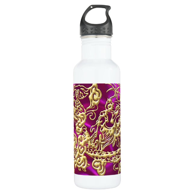 Embossed Gold Dragon on Magenta Satin Print 710 Ml Water Bottle (Front)