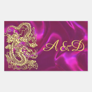 Embossed Gold Dragon on Magenta Satin Print Rectangular Sticker