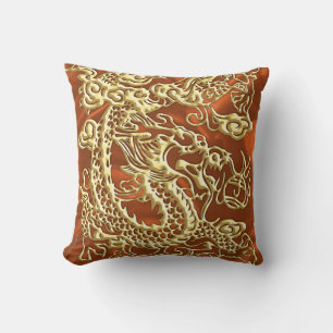 Embossed Gold Dragon on Orange Satin Print Cushion