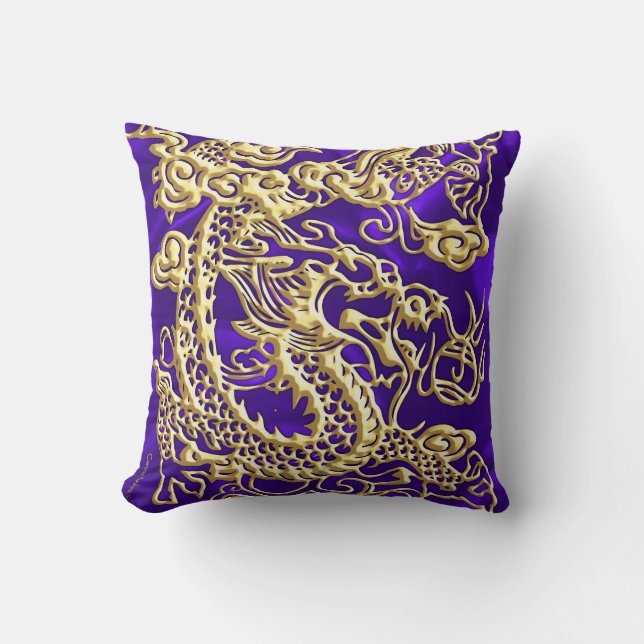 Embossed Gold Dragon on Purple Satin Print Cushion (Front)