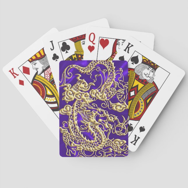 Embossed Gold Dragon on Purple Satin Print Playing Cards (Back)
