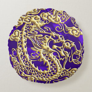 Embossed Gold Dragon on Purple Satin Print Round Cushion