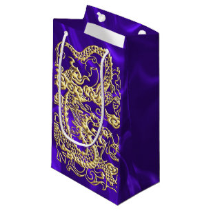 Embossed Gold Dragon on Purple Satin Print Small Gift Bag