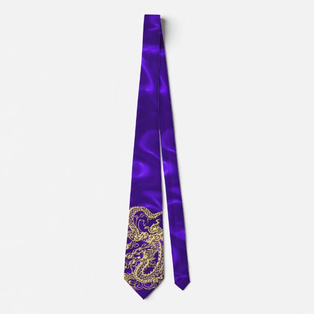 Embossed Gold Dragon on Purple Satin Print Tie (Front)