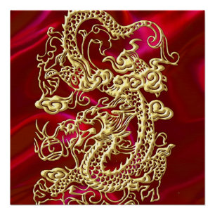 Embossed Gold Dragon on Red Satin Print
