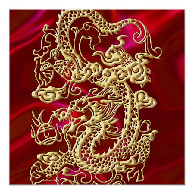 Embossed Gold Dragon on Red Satin Print (Front)