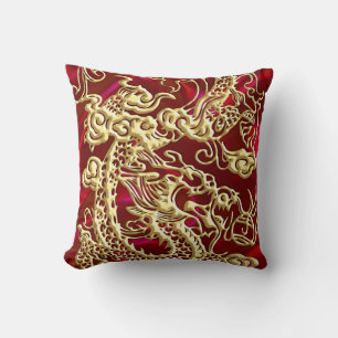 Embossed Gold Dragon on Red Satin Print Cushion