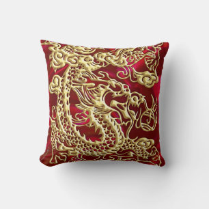 Embossed Gold Dragon on Red Satin Print Cushion