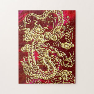 Embossed Gold Dragon on Red Satin Print Jigsaw Puzzle