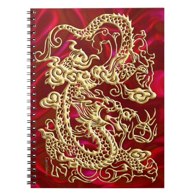 Embossed Gold Dragon on Red Satin Print Notebook (Front)