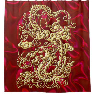 Embossed Gold Dragon on Red Satin Print Shower Curtain