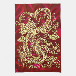 Embossed Gold Dragon on Red Satin Print Tea Towel