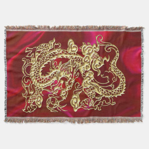 Embossed Gold Dragon on Red Satin Print Throw Blanket