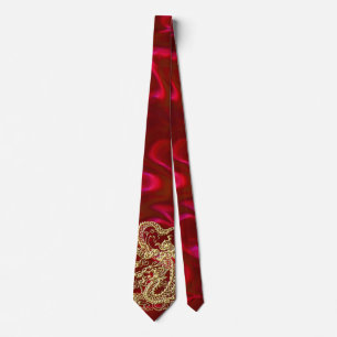 Embossed Gold Dragon on Red Satin Print Tie