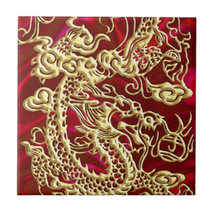 Embossed Gold Dragon on Red Satin Texture Print Tile