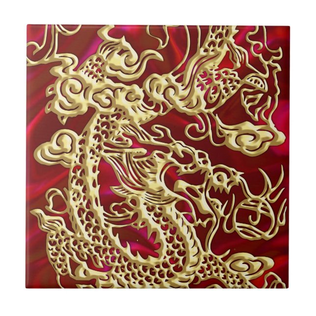 Embossed Gold Dragon on Red Satin Texture Print Tile (Front)