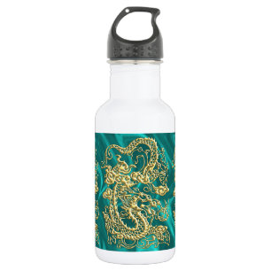 Embossed Gold Dragon on Turquoise Satin Print 532 Ml Water Bottle
