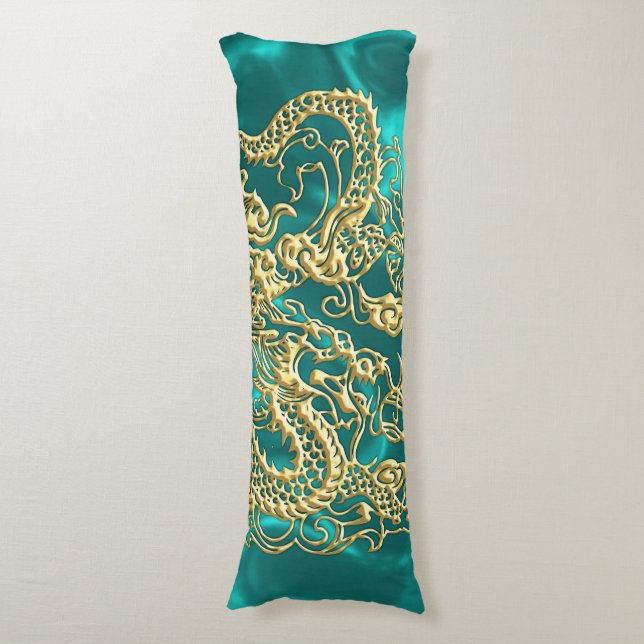 Embossed Gold Dragon on Turquoise Satin Print Body Cushion (Front Vertical)