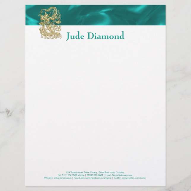 Embossed Gold Dragon on Turquoise Satin Print Letterhead (Front)