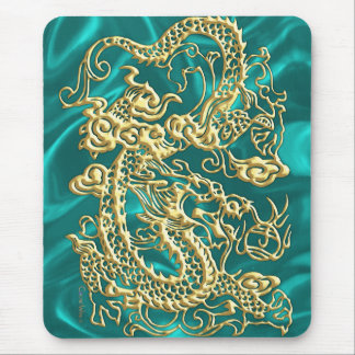 Embossed Gold Dragon on Turquoise Satin Print Mouse Pad