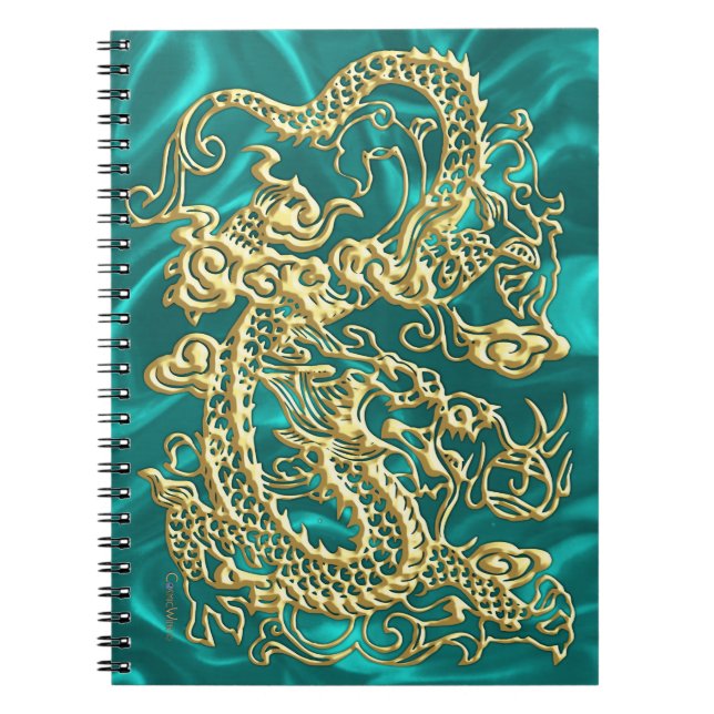 Embossed Gold Dragon on Turquoise Satin Print Notebook (Front)