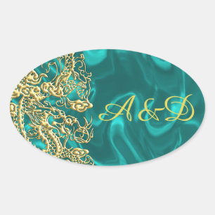 Embossed Gold Dragon on Turquoise Satin Print Oval Sticker