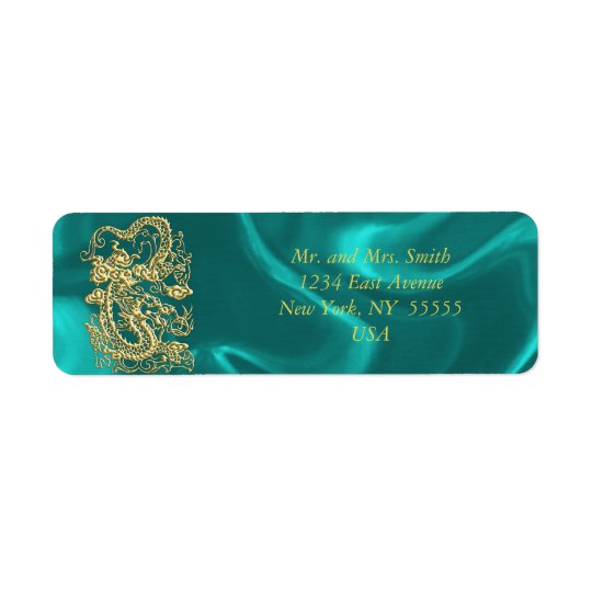 Embossed Gold Dragon on Turquoise Satin Print Return Address Label