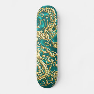 Embossed Gold Dragon on Turquoise Satin Print Skateboard