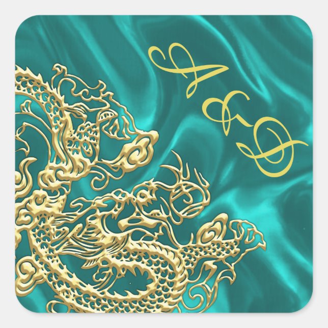 Embossed Gold Dragon on Turquoise Satin Print Square Sticker (Front)
