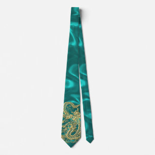 Embossed Gold Dragon on Turquoise Satin Print Tie