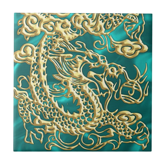 Embossed Gold Dragon on Turquoise Satin Print Tile (Front)