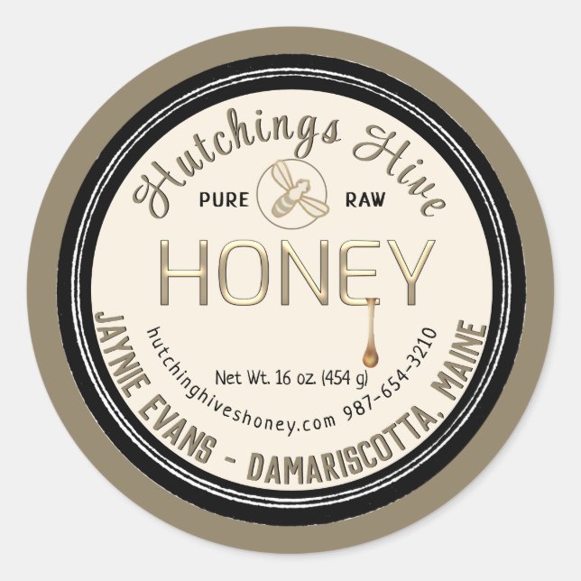 Embossed Gold Dripping Honey and Bee Double Border Classic Round Sticker (Front)