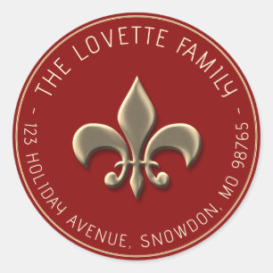 Embossed Gold Fleur de Lys Holiday Return Address  Classic Round Sticker