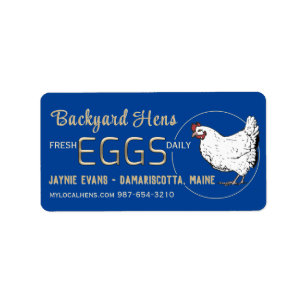 Embossed Gold Fresh Eggs White Hen on Blue  Label