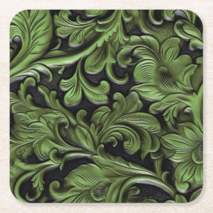 Embossed green black faux leather square paper coaster