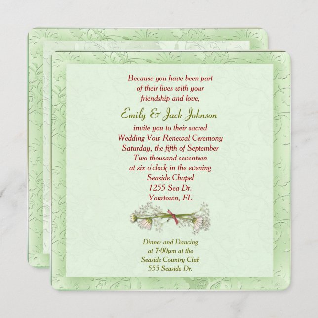 Embossed Green Wedding Vow Renewal Invitation (Front/Back)