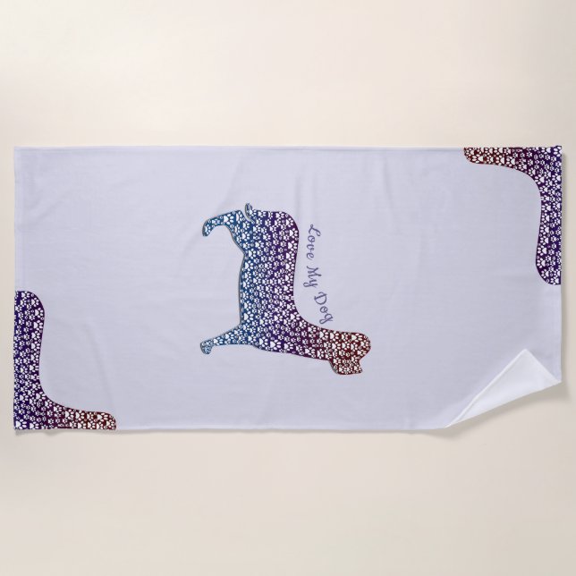 Embossed Indigo Gradient Paw Print Dog Outline Beach Towel (Front)