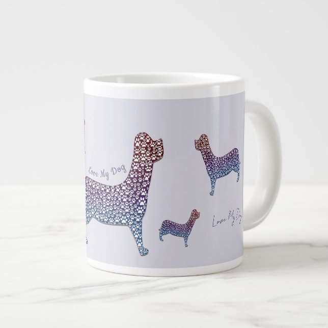Embossed Indigo Gradient Paw Print Dog Outline Large Coffee Mug (Front Right)