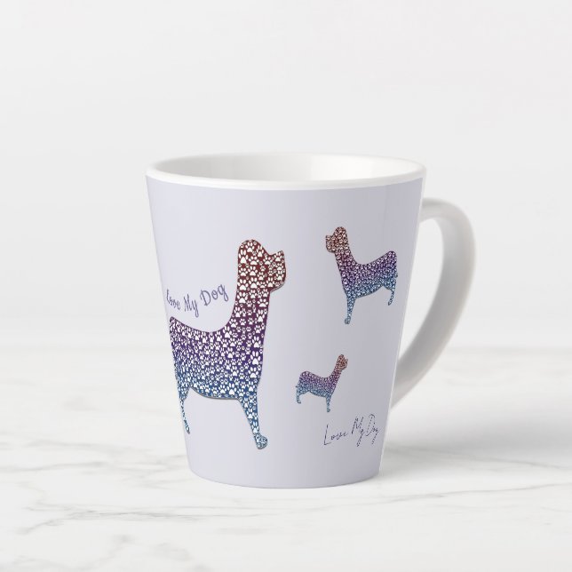 Embossed Indigo Gradient Paw Print Dog Outline Latte Mug (Right Angle)