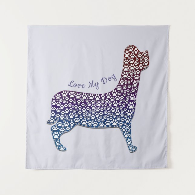 Embossed Indigo Gradient Paw Print Dog Outline Tapestry (Front)