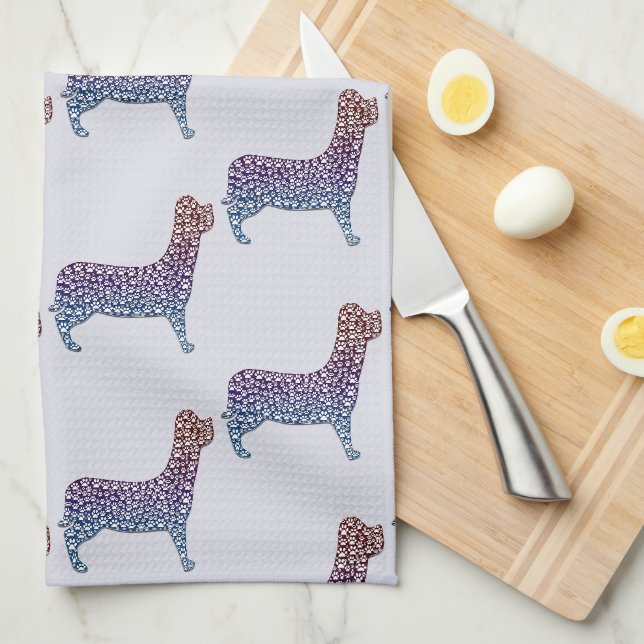 Embossed Indigo Gradient Paw Print Dog Outline Tea Towel (Quarter Fold)