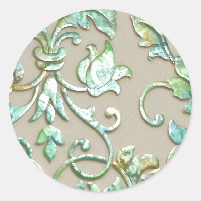 Embossed Look Damask Green Gold Turquoise Classic Round Sticker (Front)