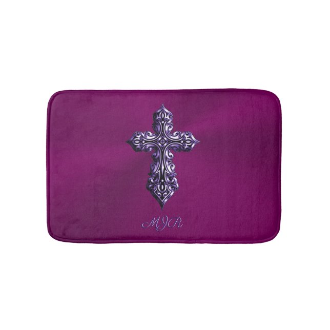 Embossed-look Gothic Cross in Purple with Monogram Bath Mat (Front)
