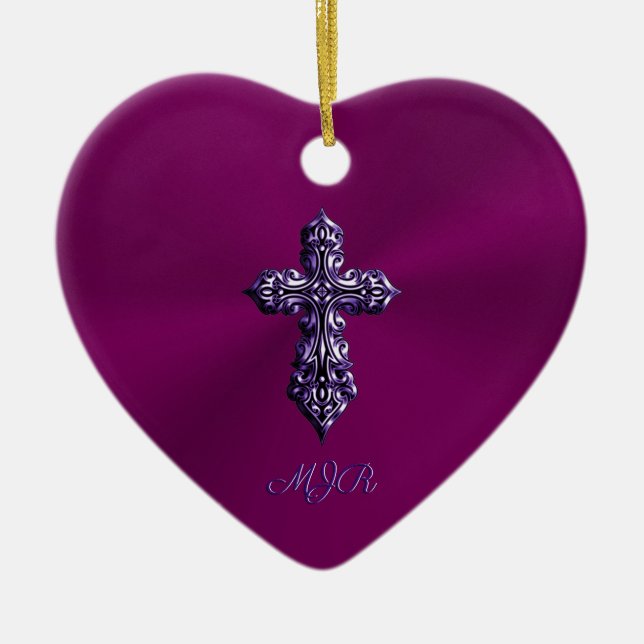 Embossed-look Gothic Cross in Purple with Monogram Ceramic Ornament (Front)
