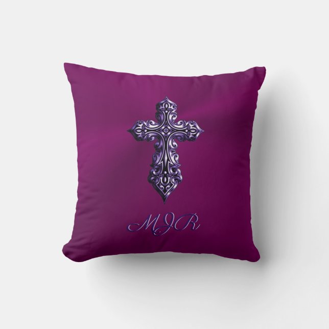 Embossed-look Gothic Cross in Purple with Monogram Cushion (Front)